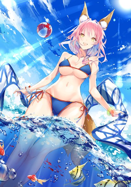 Anime picture 774x1105 with fate (series) fate/extra tamamo (fate) (all) tamamo no mae (swimsuit lancer) (fate) kinokohime single long hair tall image open mouth light erotic animal ears yellow eyes pink hair sky cloud (clouds) tail :d animal tail sunlight from below