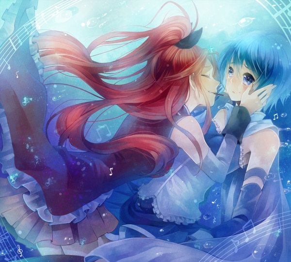 Anime picture 1500x1350 with mahou shoujo madoka magica shaft (studio) sakura kyouko miki sayaka tsukudato long hair blush short hair blue eyes multiple girls blue hair red hair eyes closed tears mouth hold underwater crying girl 2 girls detached sleeves