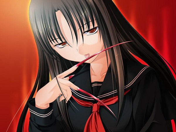 Anime picture 1024x768 with kanosora (game) black hair red eyes game cg girl serafuku
