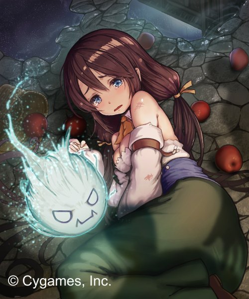 Anime picture 1000x1200 with shingeki no bahamut coppelia (futamine) single long hair tall image looking at viewer blush fringe open mouth blue eyes brown hair twintails cleavage bent knee (knees) lying from above night shadow night sky tears