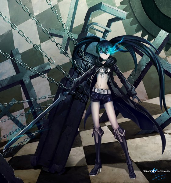 Anime picture 2000x2139 with black rock shooter black rock shooter (character) long hair tall image looking at viewer highres blue eyes black hair twintails inscription glowing scar glowing eye (eyes) checkered floor checkered checkered background girl gloves weapon sword