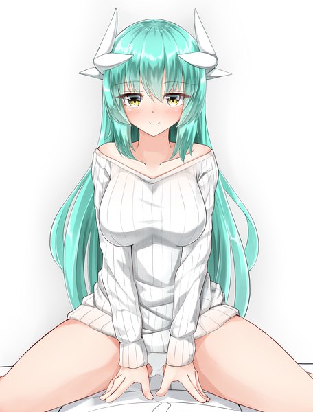Anime picture 2600x3420 with fate (series) fate/grand order kiyohime (fate) moyoron single long hair tall image looking at viewer blush highres breasts light erotic simple background white background yellow eyes horn (horns) light smile aqua hair pantyshot spread legs