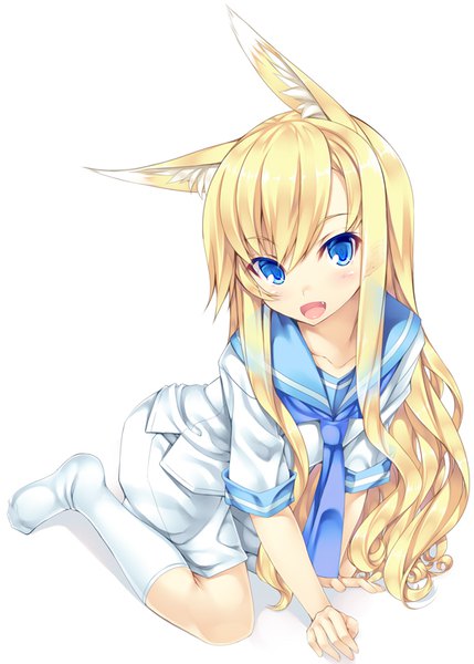 Anime picture 572x800 with original rokka-chan (ichijou hitoshi) ichijou hitoshi single long hair tall image looking at viewer open mouth blue eyes simple background smile white background sitting animal ears full body :d no shoes kneeling wariza wolf ears