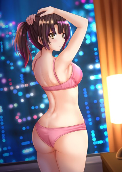 Anime picture 1200x1697 with saenai heroine no sodatekata a-1 pictures katou megumi kazenokaze single long hair tall image looking at viewer blush fringe breasts light erotic brown hair standing holding brown eyes ass ponytail indoors looking back