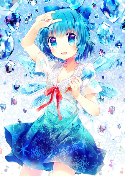 Anime picture 636x900 with touhou cirno namie-kun single tall image looking at viewer blush fringe short hair open mouth blue eyes blue hair snowflake print mmm girl dress bow hair bow wings microphone