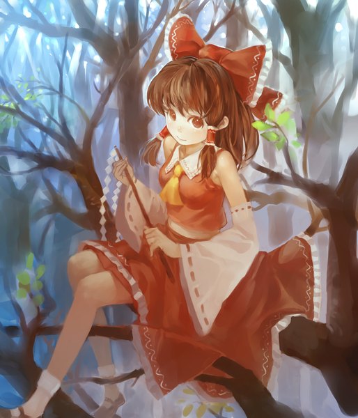 Anime picture 1200x1400 with touhou hakurei reimu zrero single long hair tall image smile brown hair sitting bare shoulders brown eyes miko girl skirt bow plant (plants) hair bow detached sleeves tree (trees) skirt set