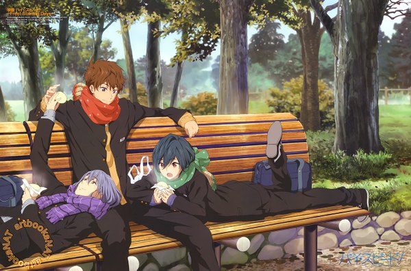 Anime picture 1280x845 with free! high speed! kyoto animation kirishima ikuya serizawa nao kirishima natsuya hado maiko fringe short hair open mouth black hair hair between eyes red eyes brown hair sitting purple eyes purple hair lying official art multiple boys