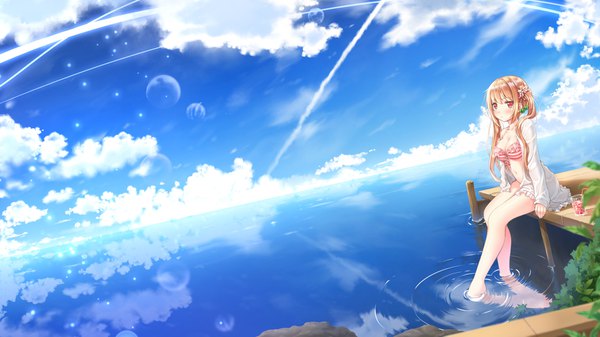 Anime picture 1920x1080 with original ifnil single long hair blush highres blonde hair red eyes wide image sitting twintails game cg cloud (clouds) bare legs depth of field side ponytail reflection wet clothes soaking feet ripples