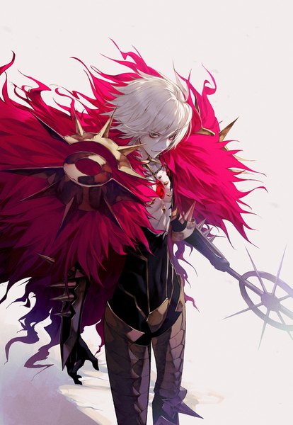 Anime picture 1035x1500 with fate (series) fate/apocrypha karna (fate) wanke single tall image fringe short hair simple background smile hair between eyes white hair from above grey background shadow grey eyes boy weapon armor cape