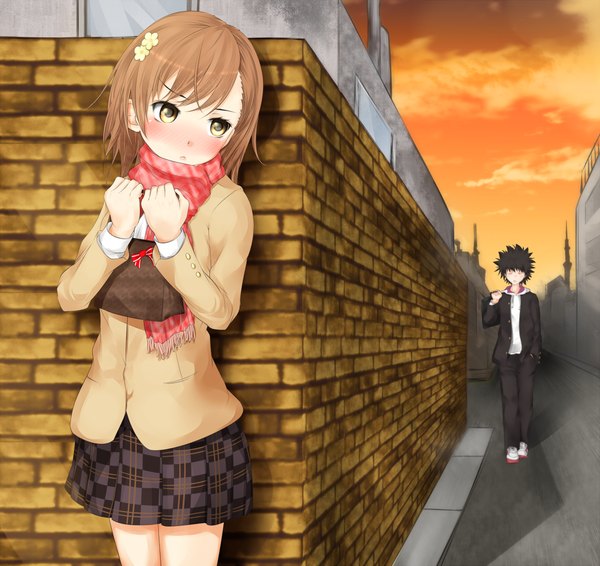 Anime picture 1080x1020 with to aru kagaku no railgun to aru majutsu no index j.c. staff misaka mikoto kamijou touma shin (highest1192) blush fringe short hair black hair brown hair yellow eyes looking away sky cloud (clouds) eyes closed embarrassed evening plaid skirt sunset