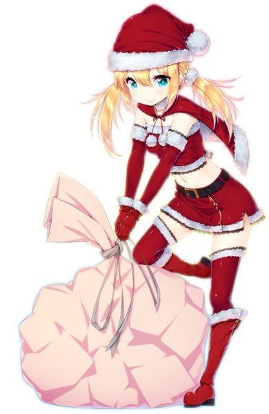 Anime picture 845x1300 with original zizi (zz22) single long hair tall image looking at viewer blush blue eyes blonde hair smile twintails fur trim christmas girl thighhighs skirt gloves navel ribbon (ribbons) hat