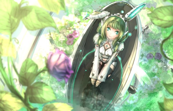 Anime picture 3511x2270 with original kikivi single long hair looking at viewer highres blue eyes absurdres green hair mechanical girl thighhighs flower (flowers) black thighhighs leaf (leaves)