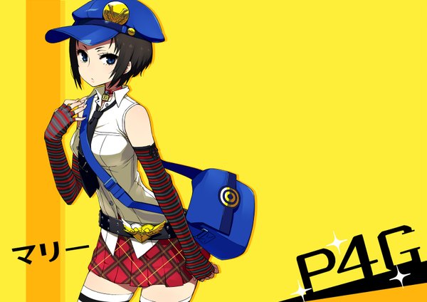 Anime picture 1697x1200 with persona 4 persona marie (persona 4) chan co single looking at viewer short hair blue eyes black hair bare shoulders sleeveless plaid skirt girl skirt gloves miniskirt choker necktie elbow gloves belt