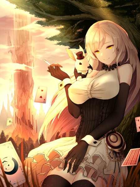 Anime picture 600x800 with original limeblock long hair tall image looking at viewer fringe breasts blonde hair smile large breasts standing bare shoulders yellow eyes sunlight hand on hip animal on shoulder girl thighhighs gloves black thighhighs