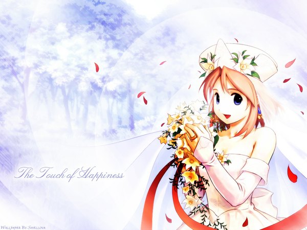Anime picture 1024x768 with atelier (series) atelier iris eternal mana 2 gust (company) viese blanchimont ouse kohime single looking at viewer short hair open mouth blue eyes standing bare shoulders holding pink hair sunlight inscription happy girl dress flower (flowers)