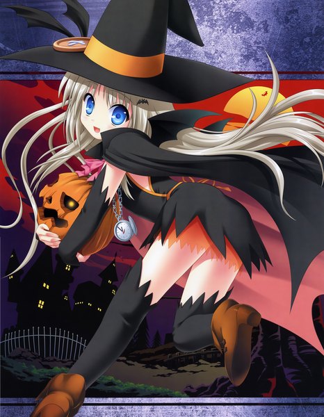 Anime picture 4376x5632 with little busters! key (studio) noumi kudryavka na-ga single long hair tall image highres open mouth blue eyes blonde hair smile absurdres looking back bat wings girl building (buildings) witch hat clock vegetables