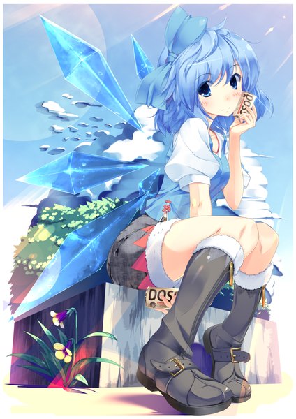 Anime picture 3340x4723 with touhou cirno rozea (graphmelt) single tall image blush highres short hair blue eyes sitting blue hair absurdres girl flower (flowers) bow hair bow wings shorts boots