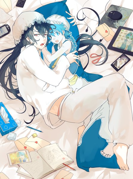 Anime picture 1500x2020 with magi the labyrinth of magic a-1 pictures judal aladdin (magi) nine (liuyuhao1992) long hair tall image looking at viewer open mouth blue eyes black hair red eyes blue hair lying barefoot boy headphones pillow book (books) bonnet