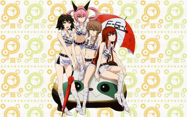 Anime picture 2560x1600 with steins;gate white fox makise kurisu shiina mayuri faris nyannyan amane suzuha huke long hair highres short hair open mouth blue eyes black hair brown hair wide image sitting twintails multiple girls animal ears yellow eyes