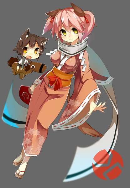 Anime picture 1251x1807 with original arai seiryuu tall image looking at viewer blush short hair breasts open mouth simple background twintails animal ears yellow eyes tail traditional clothes japanese clothes animal tail light smile cat ears grey background cat tail