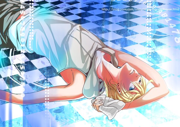 Anime picture 1200x848 with air gear toei animation mikura kazuma single blue eyes blonde hair bare shoulders lying inscription checkered floor checkered checkered background boy hood cap