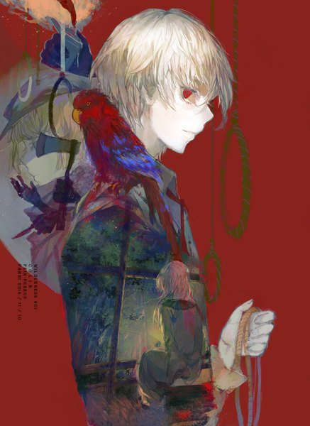Anime picture 762x1045 with original fabri long hair tall image fringe short hair blonde hair red eyes sitting holding profile lips from behind back pale skin red background girl boy weapon animal