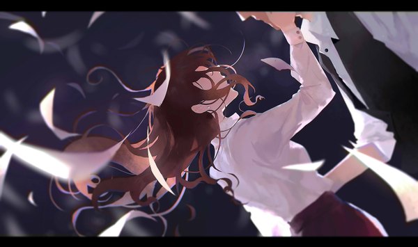 Anime picture 3035x1800 with original moss (2225028) long hair highres brown hair wide image standing eyes closed outstretched arm hand on face boy earrings shirt white shirt vest paper
