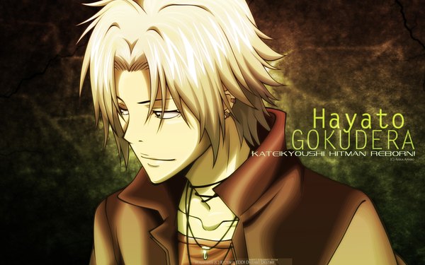 Anime picture 1920x1200 with katekyou hitman reborn gokudera hayato kitaan highres wide image grey hair inscription piercing portrait ear piercing close-up face boy earrings choker jewelry necklace