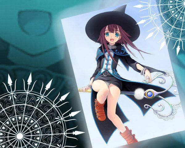 Anime picture 1280x1024 with ninety-nine nights tyurru single long hair looking at viewer open mouth light erotic brown hair sitting aqua eyes pantyshot flying witch girl underwear panties hat witch hat staff