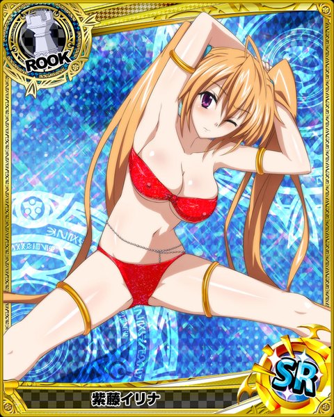 Anime picture 640x800 with highschool dxd shidou irina single tall image looking at viewer blush breasts light erotic brown hair purple eyes twintails cleavage very long hair one eye closed wink card (medium) girl navel swimsuit bikini