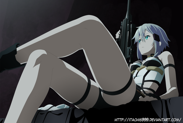 Anime picture 2000x1346 with sword art online a-1 pictures asada shino itachis999 single highres short hair green eyes grey hair from below crossed legs coloring girl weapon gun sniper rifle