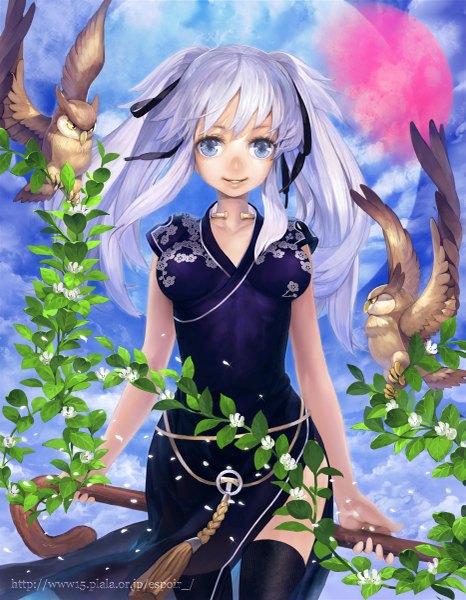 Anime picture 933x1200 with mabinogi nao toro single long hair tall image looking at viewer blue eyes smile twintails white hair girl thighhighs dress flower (flowers) ribbon (ribbons) black thighhighs plant (plants) hair ribbon animal