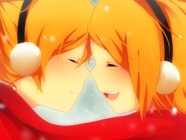 Anime picture 2000x1500 with vocaloid kagamine rin kagamine len achiki highres short hair open mouth blonde hair smile eyes closed profile snowing winter face to face twins shared scarf girl scarf red scarf earmuffs