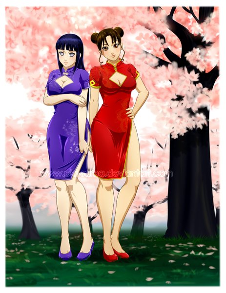 Anime picture 1200x1553 with naruto studio pierrot naruto (series) hyuuga hinata tenten pia-sama tall image multiple girls brown eyes light smile grey eyes hand on hip cherry blossoms chinese clothes framed girl 2 girls plant (plants) tree (trees) chinese dress