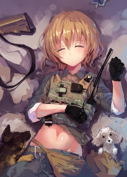 Anime picture 644x896 with original nightmaremk2 long hair tall image fringe blonde hair lying eyes closed from above bare belly sleeping twisty sleeves girl gloves uniform weapon animal black gloves armor gun