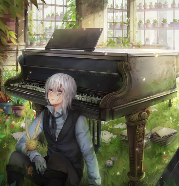 Anime picture 771x800 with d.gray-man allen walker timcanpy aionlights tall image looking at viewer fringe short hair smile sitting purple eyes silver hair indoors light smile lens flare facial mark gloves ribbon (ribbons) plant (plants) shirt