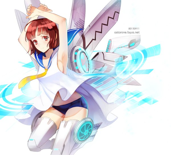 Anime picture 1200x1088 with original astarone single looking at viewer fringe short hair light erotic red eyes white background signed ahoge red hair arms up armpit (armpits) dated mechanical wings girl uniform wings serafuku