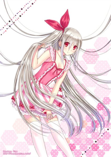 Anime picture 707x1000 with original kazuharu kina single tall image looking at viewer blush red eyes white hair very long hair girl thighhighs dress bow hair bow white thighhighs