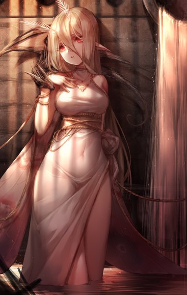 Anime picture 2137x3365 with original de da xianyu single long hair tall image fringe highres breasts light erotic blonde hair hair between eyes red eyes standing bare shoulders looking away parted lips pointy ears sideboob partially submerged covered navel