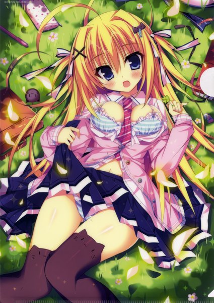 Anime picture 2278x3214 with melonbooks shiromochi sakura single long hair tall image looking at viewer blush highres breasts open mouth blue eyes light erotic blonde hair ahoge scan official art two side up open shirt girl thighhighs