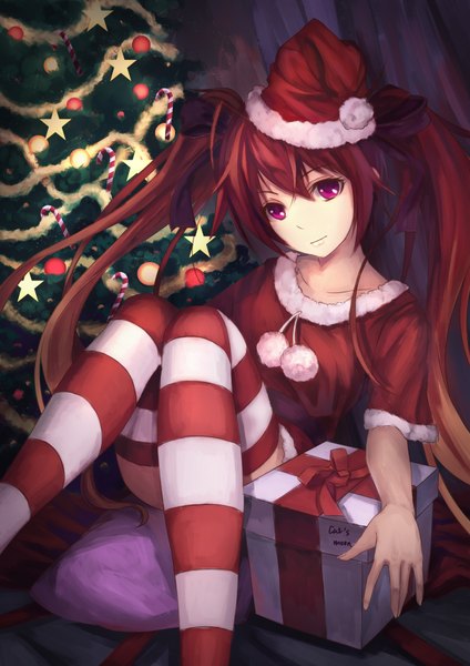 Anime picture 2480x3507 with youxuemingdie single long hair tall image looking at viewer fringe highres sitting twintails bent knee (knees) red hair pink eyes light smile fur trim christmas girl thighhighs ribbon (ribbons) hat star (symbol)