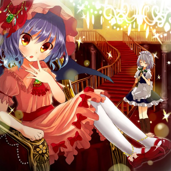 Anime picture 2066x2066 with touhou remilia scarlet izayoi sakuya okemai highres short hair red eyes multiple girls silver hair purple hair eyes closed maid girl dress bow 2 girls wings boots headdress maid headdress