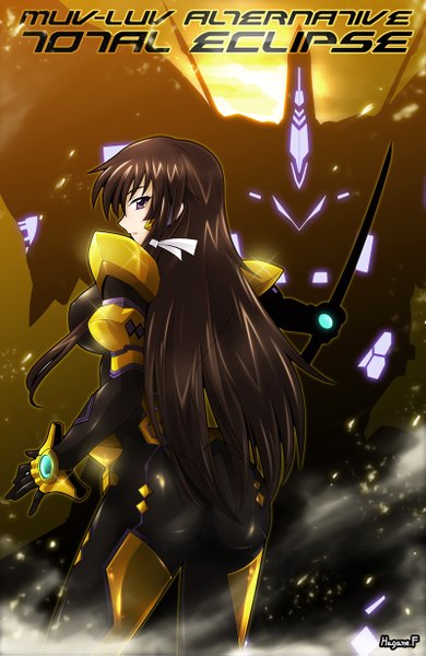 Anime picture 800x1231 with muv-luv alternative takamura yui haganef single long hair tall image brown hair purple eyes looking back from behind girl bodysuit
