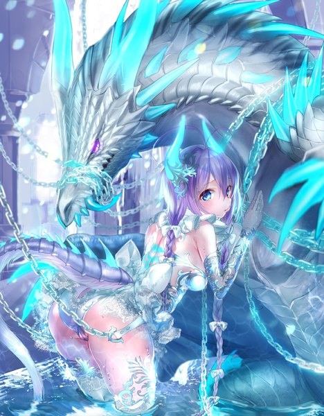 Anime picture 890x1140 with original didi amen long hair tall image blush blue eyes light erotic bare shoulders purple hair ass braid (braids) looking back horn (horns) from behind teeth fang (fangs) leaning leaning forward twin braids fantasy