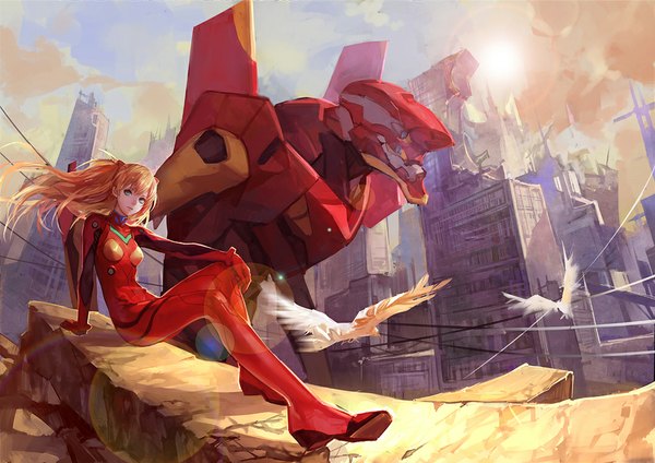 Anime picture 1076x761 with neon genesis evangelion gainax soryu asuka langley ask (askzy) single long hair looking at viewer blue eyes sitting twintails sky cloud (clouds) full body wind sunlight orange hair destruction mechanical girl uniform