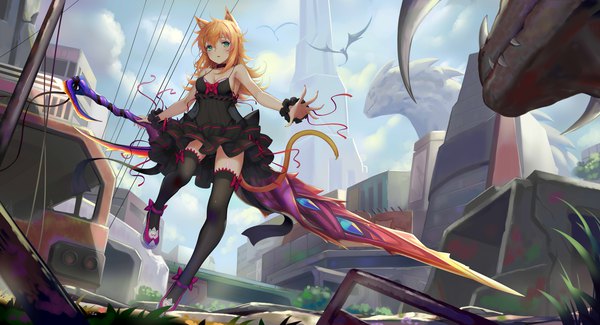 Anime picture 7500x4074 with original sonikey0 0 long hair looking at viewer fringe highres blonde hair hair between eyes wide image bare shoulders green eyes animal ears absurdres ahoge outdoors tail animal tail cat ears from below cat girl