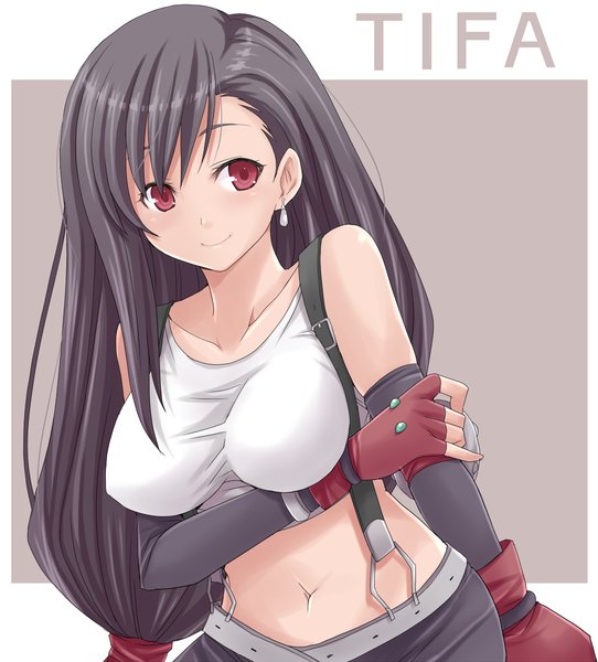 Anime picture 1000x1105 with final fantasy square enix tifa lockhart hasu (hk works) long hair tall image black hair smile red eyes midriff girl navel fingerless gloves crop top suspenders tank top buckles