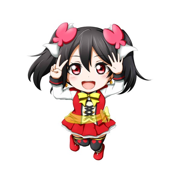 Anime picture 1021x1009 with love live! school idol project sunrise (studio) love live! yazawa nico kuena single looking at viewer short hair black hair simple background red eyes white background twintails full body chibi girl thighhighs dress hair ornament bow