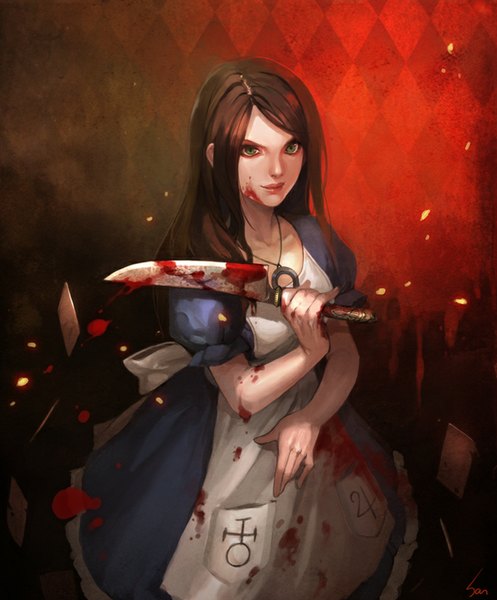 Anime picture 700x845 with american mcgee's alice (game) alice (american mcgee's) nawol single long hair tall image brown hair holding green eyes looking away glow bloody clothes bloody weapon girl weapon pendant blood apron knife