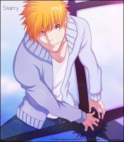 Anime picture 1000x1145 with bleach studio pierrot kurosaki ichigo dashasama207 single tall image short hair pink eyes orange hair coloring magic light angry boy